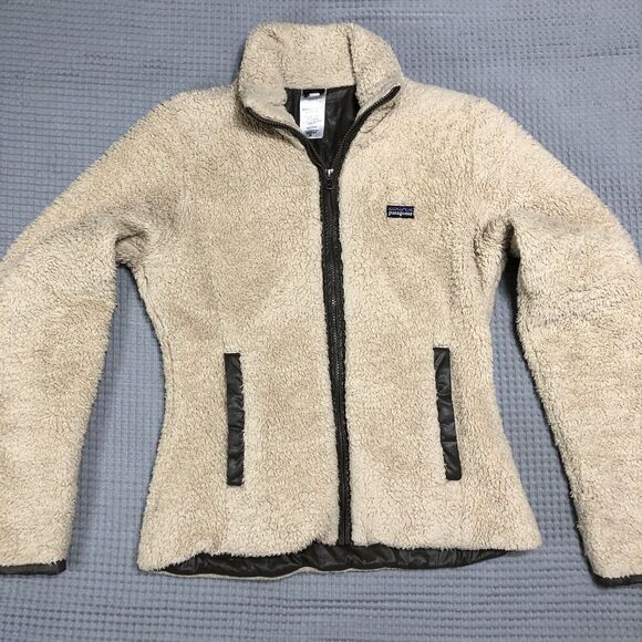Patagonia Fuzzy Jacket Women M Polar Fleece Zip Up Ivory Sherpa Pocket Neutral - Picture 2 of 15